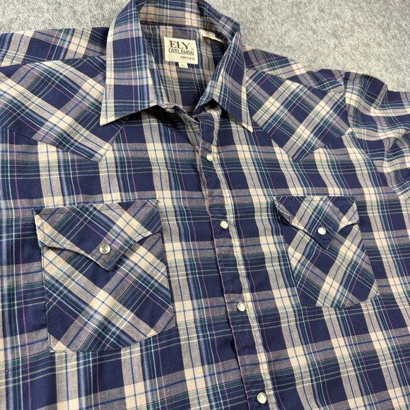 Ely Cattleman Mens XL Plaid Snap Front Long Sleeve Western Shirt Blue Tan Green - Picture 10 of 13